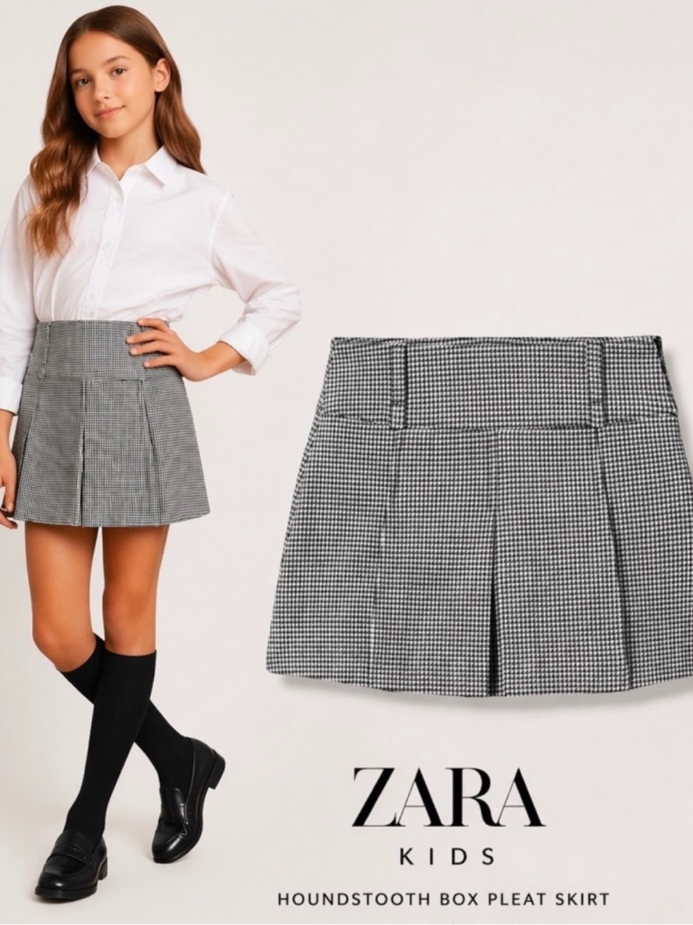 ZARA Girls Houndstooth Box Pleat Skirt - Black & White